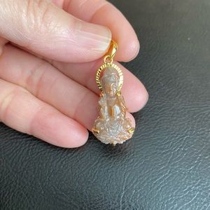 14K Solid Real Gold Carving Natural Red Jade Kwan Yin Buddha Pendant